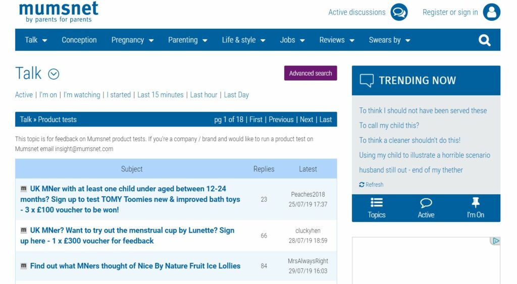 Mumsnet product testing opportunities