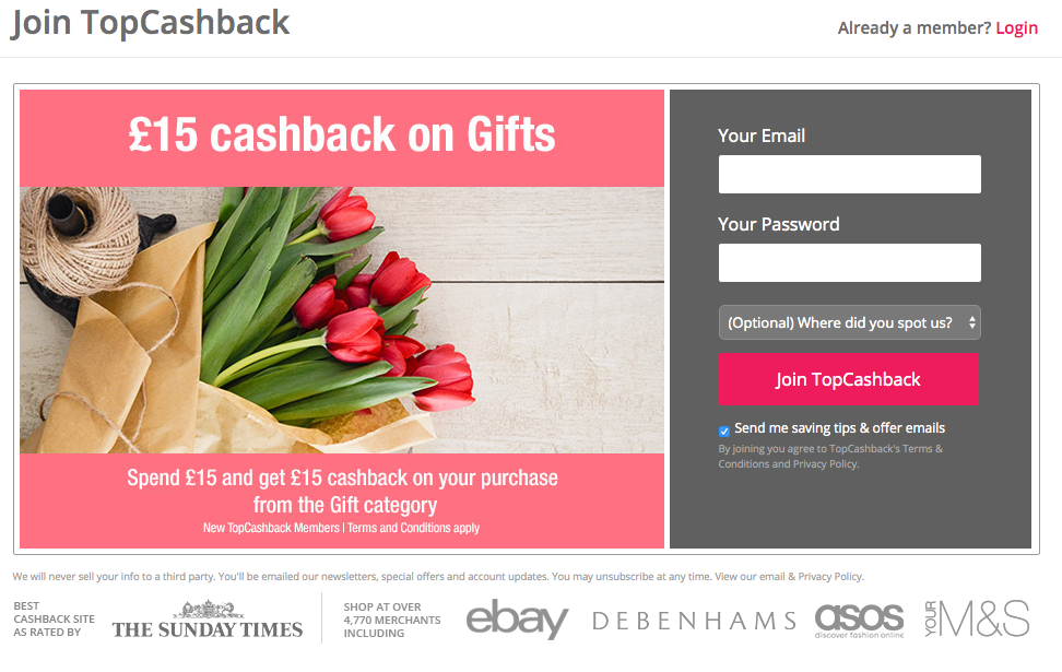 free £15 cashback on gifts