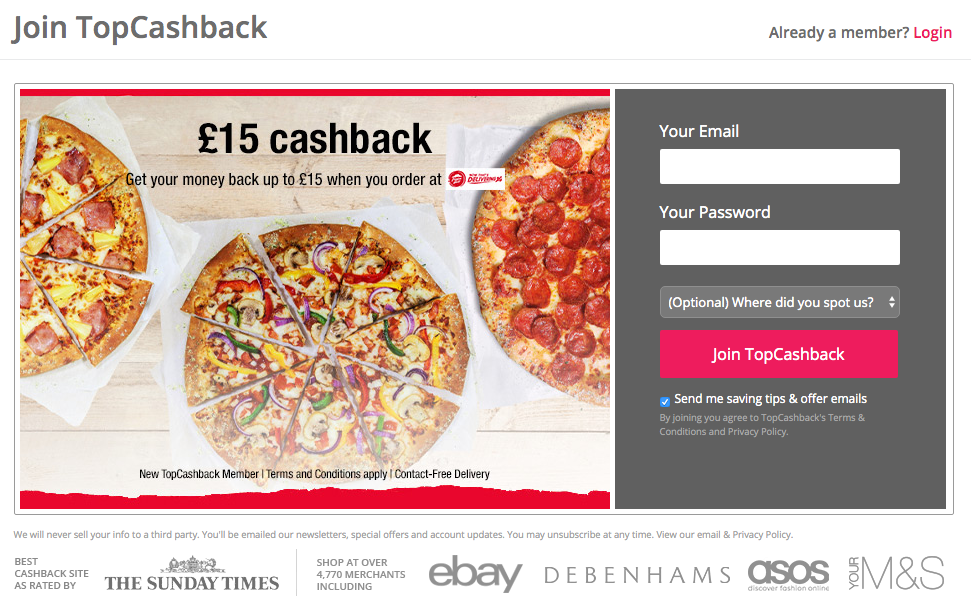 free £15 topcashback welcome deal pizza hut