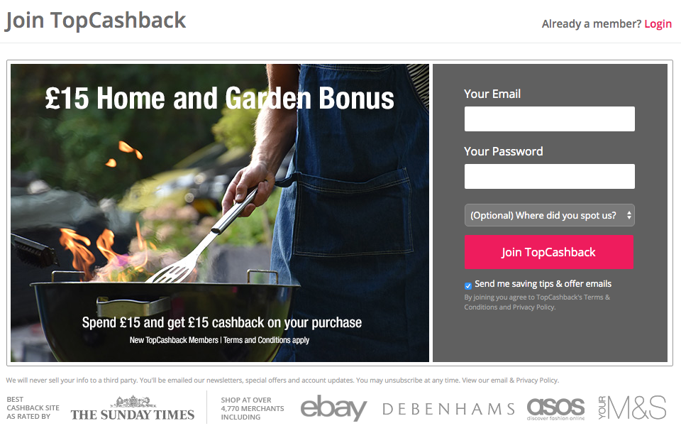 £15 topcashback welcome deal home and garden