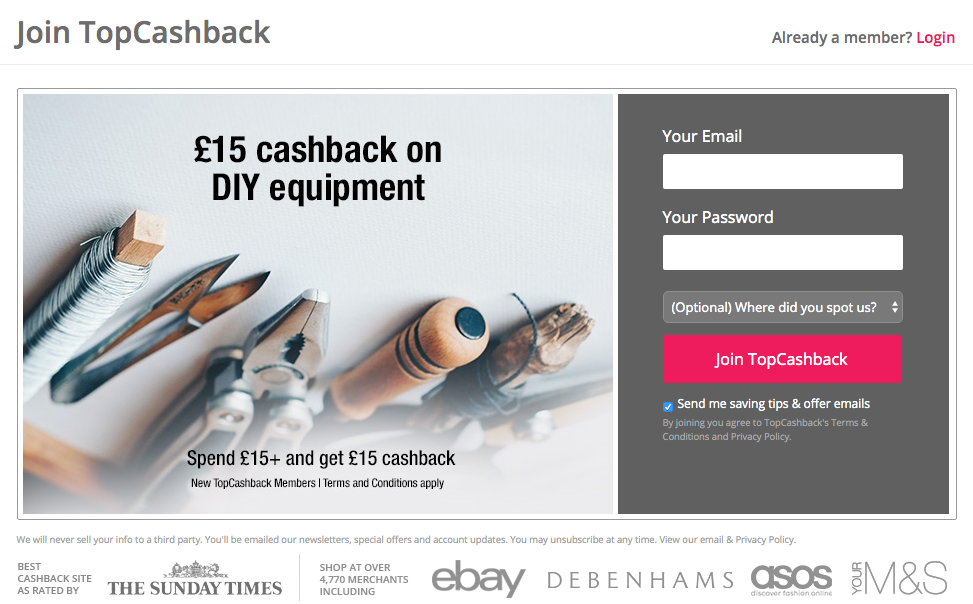 £15 cashback DIY welcome offer