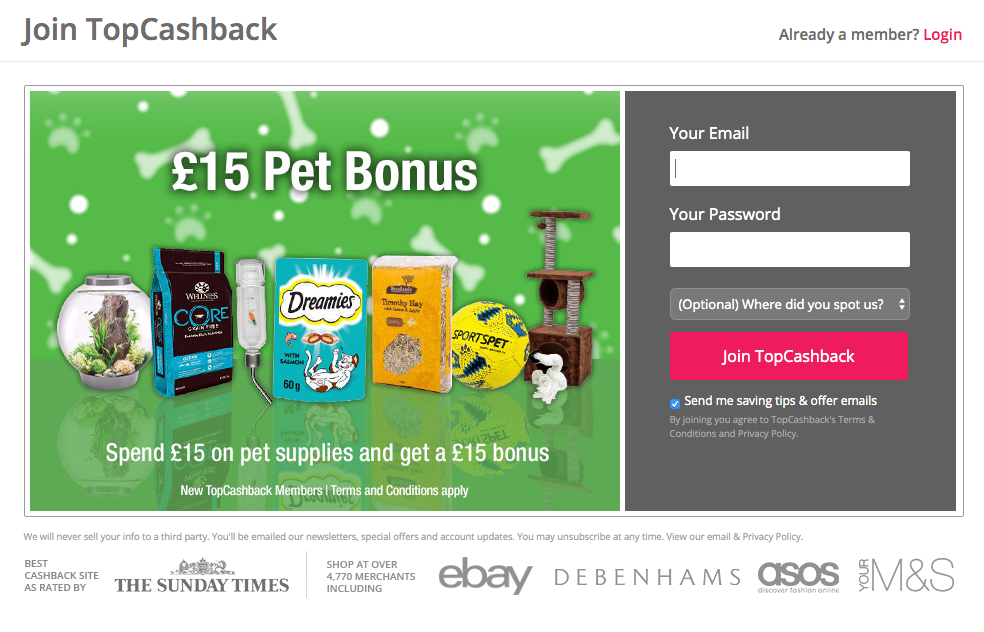 pet cashback £15 welcome deal