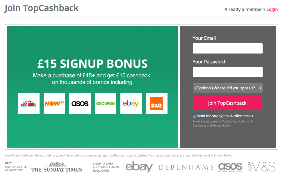 topcashback £15 bonus welcome offer
