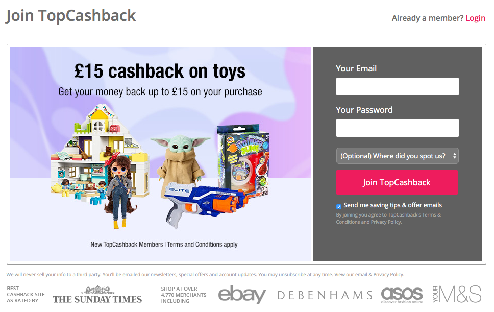 free £15 cashback towards toys