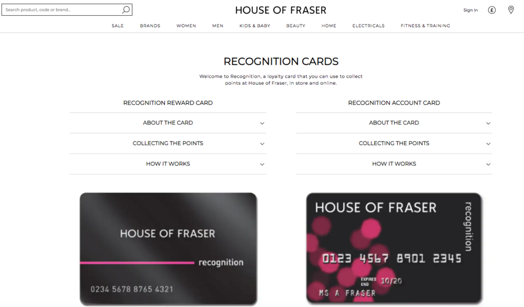 House of Fraser Recognition card
