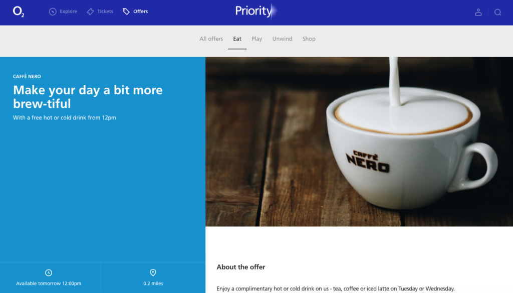 O2 Priority loyalty app Caffe Nero freebie