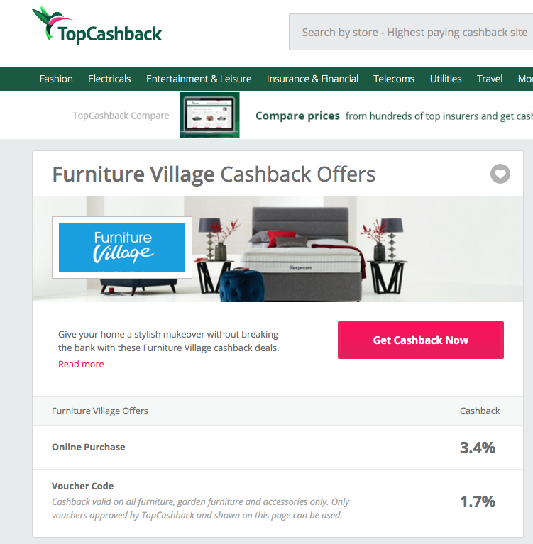 furniture village cashback offers TopCashback