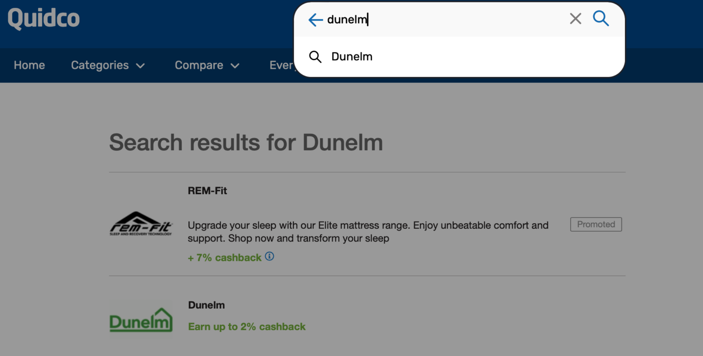 Quidco search Dunelm