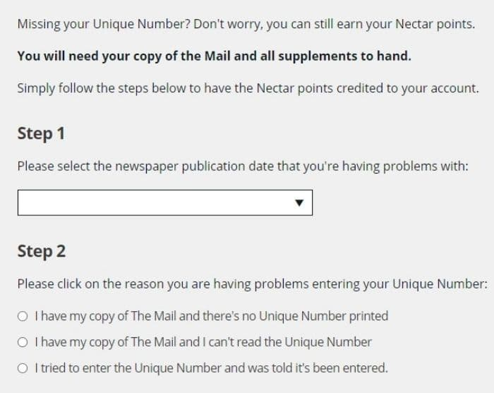 Problems with Daily Mail unique numbers form 