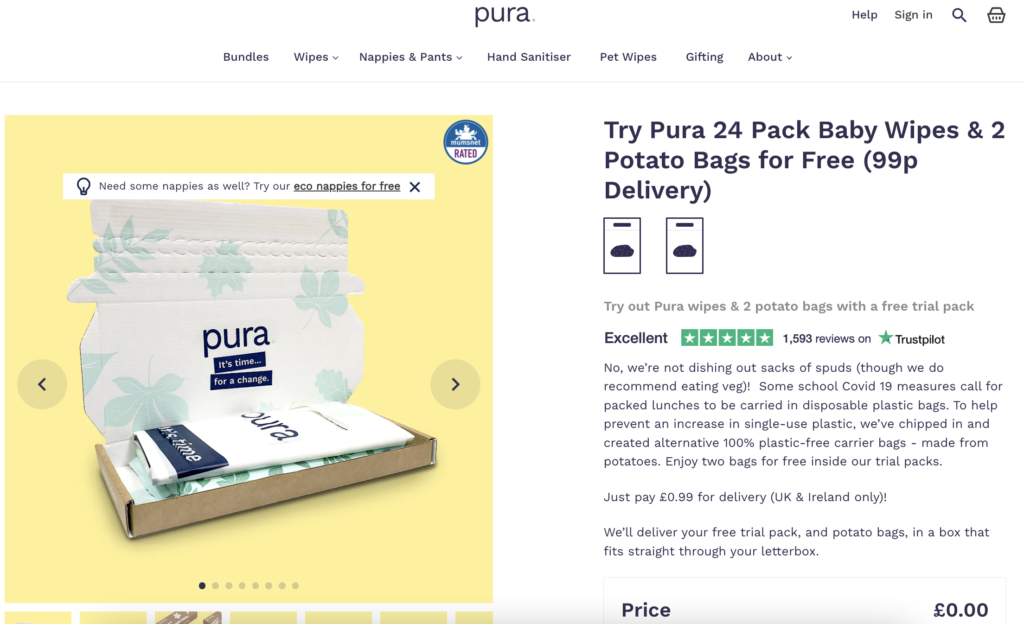 Free pack of Pura baby wipes