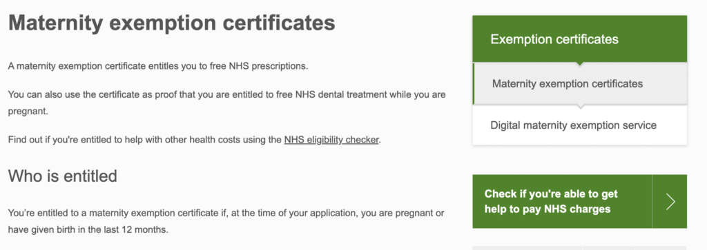 Maternity NHS free prescriptions and dental treatments 