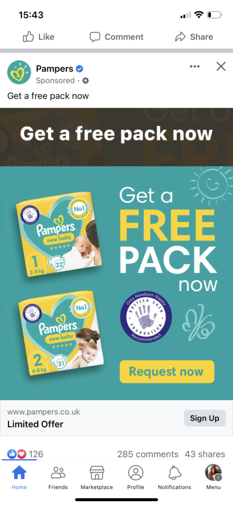 Free Pampers nappies social media sponsored post
