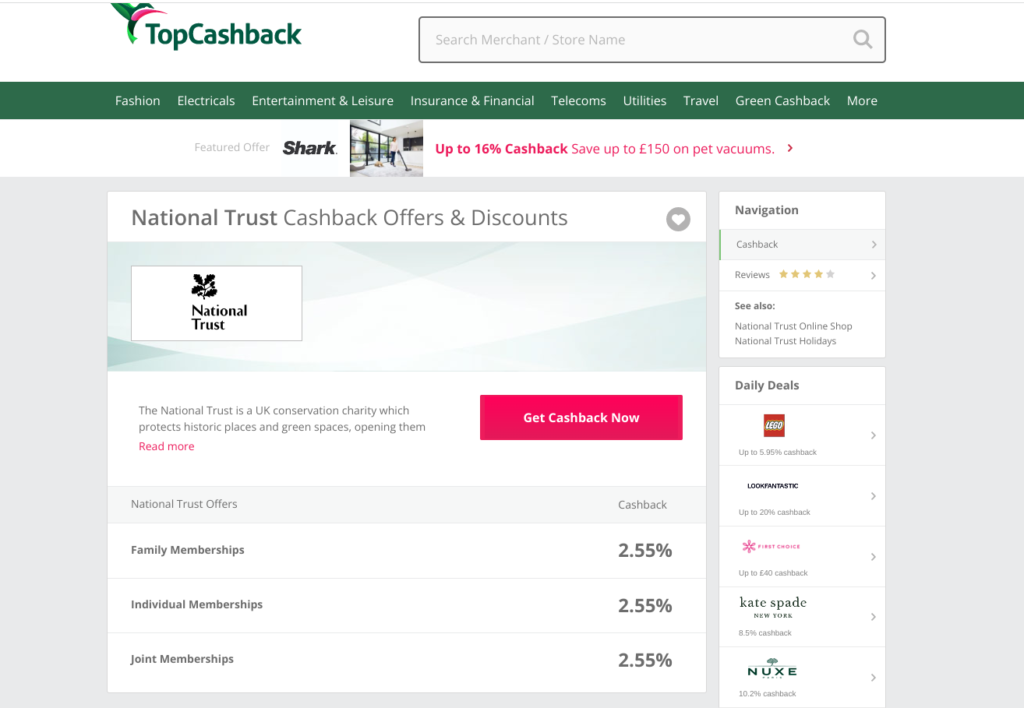 TopCashback National Trust membership offers