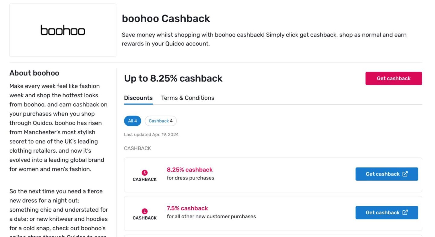 boohoo retailer page on Quidco cashback site