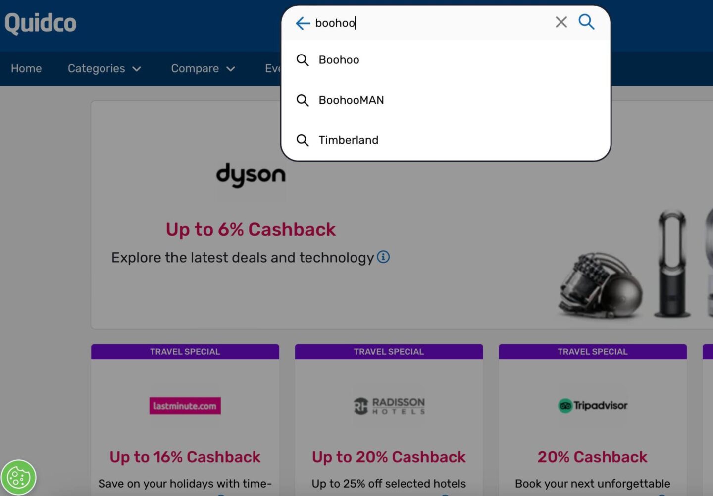 boohoo retailer search on Quidco cashback site