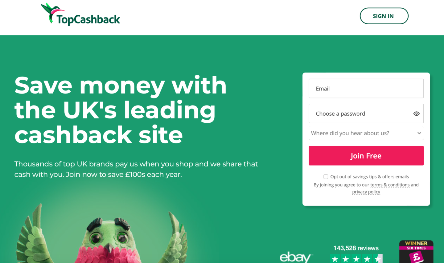 Cashback sites - TopCashback homepage 