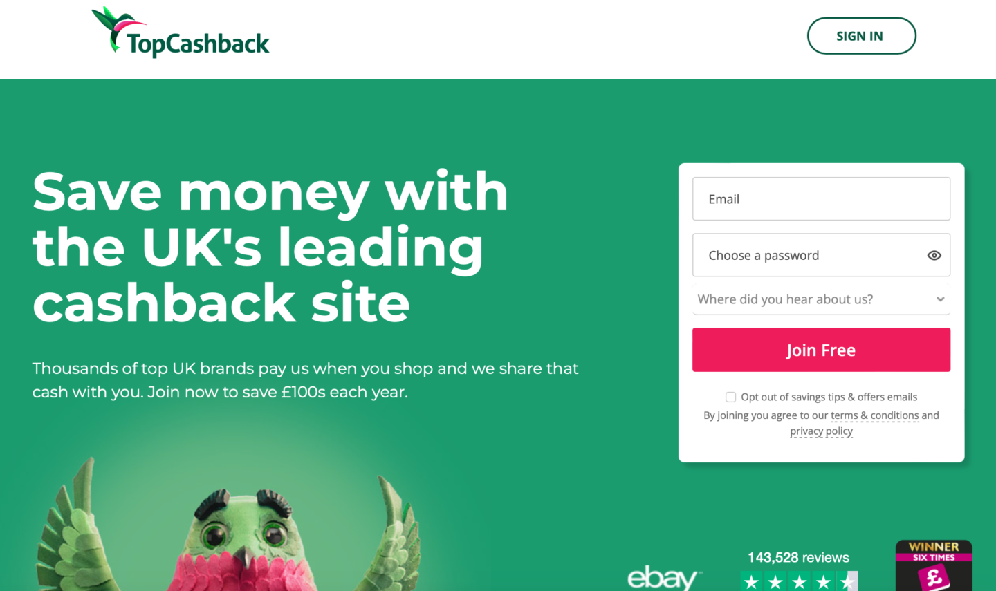 TopCashback homepage