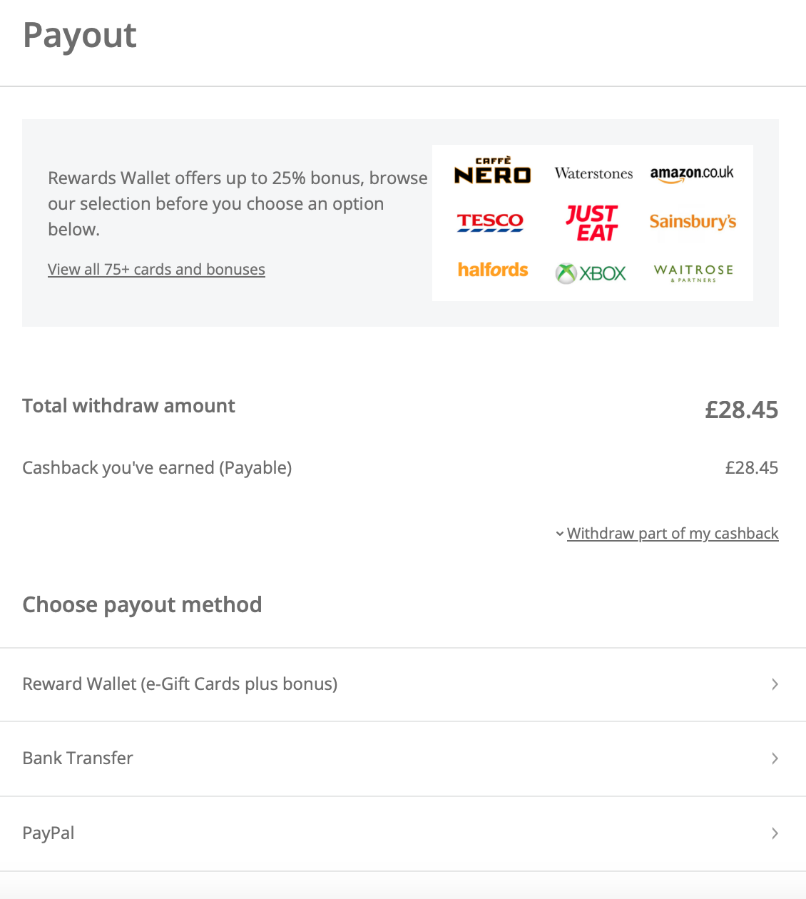 TopCashback payout options 