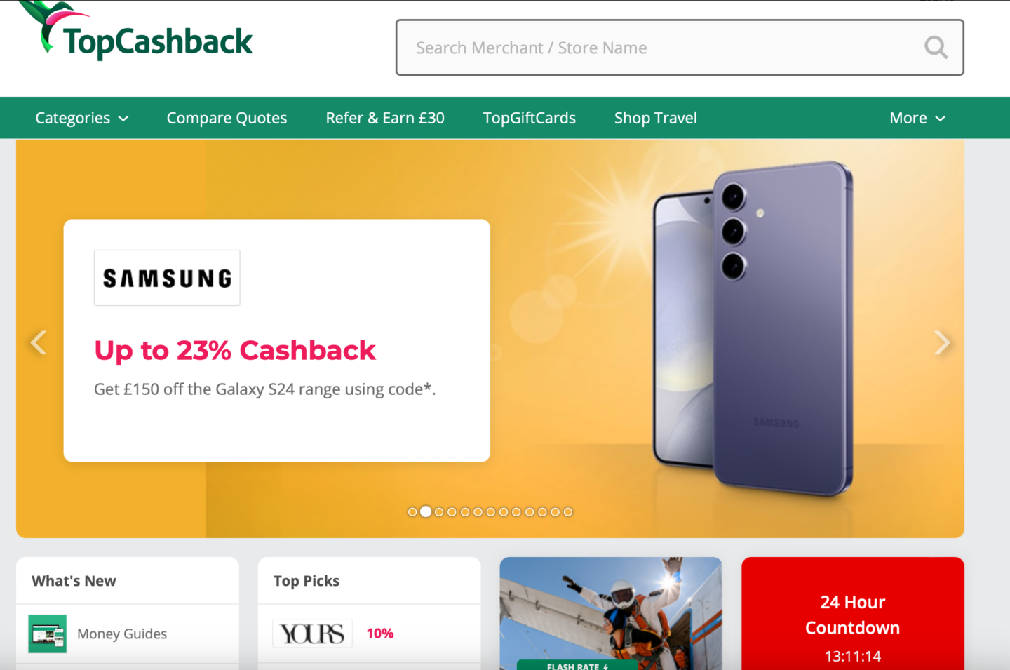 TopCashback retailer homepage 