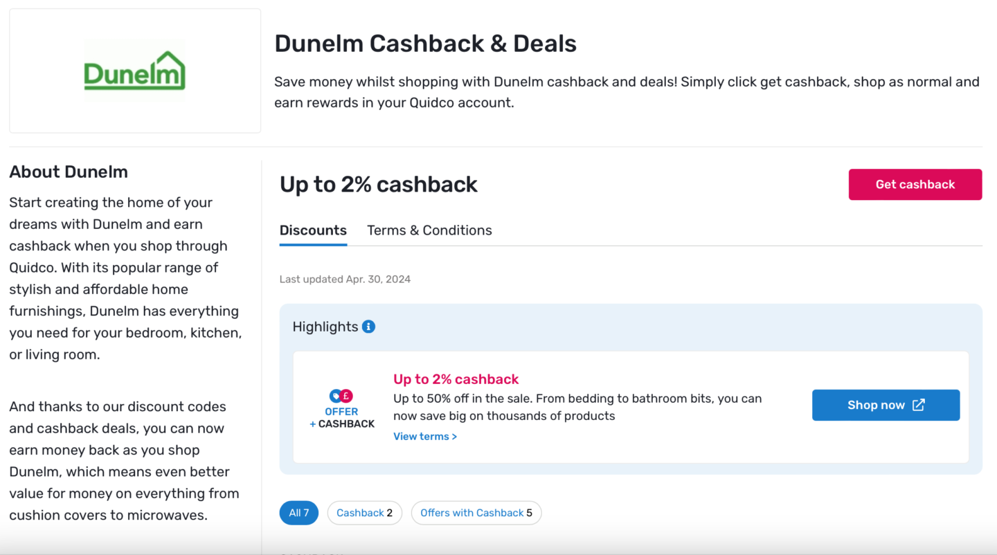 Quidco Dunelm retailer page