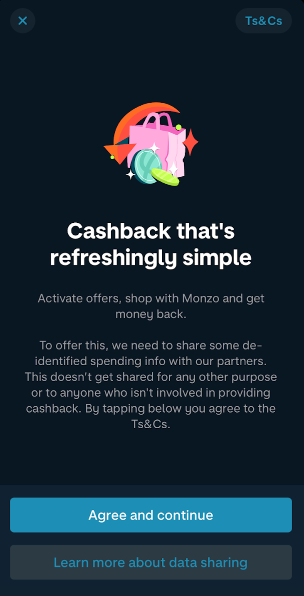 Monzo cashback welcome screen